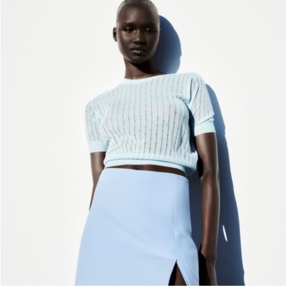 Zara Powder Blue Pointelle Knit Top - Picture 1 of 3